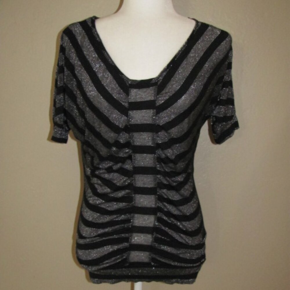 Deb Black Silver Striped Slightly Sheer Short Sleeve Top NEW Size Small S